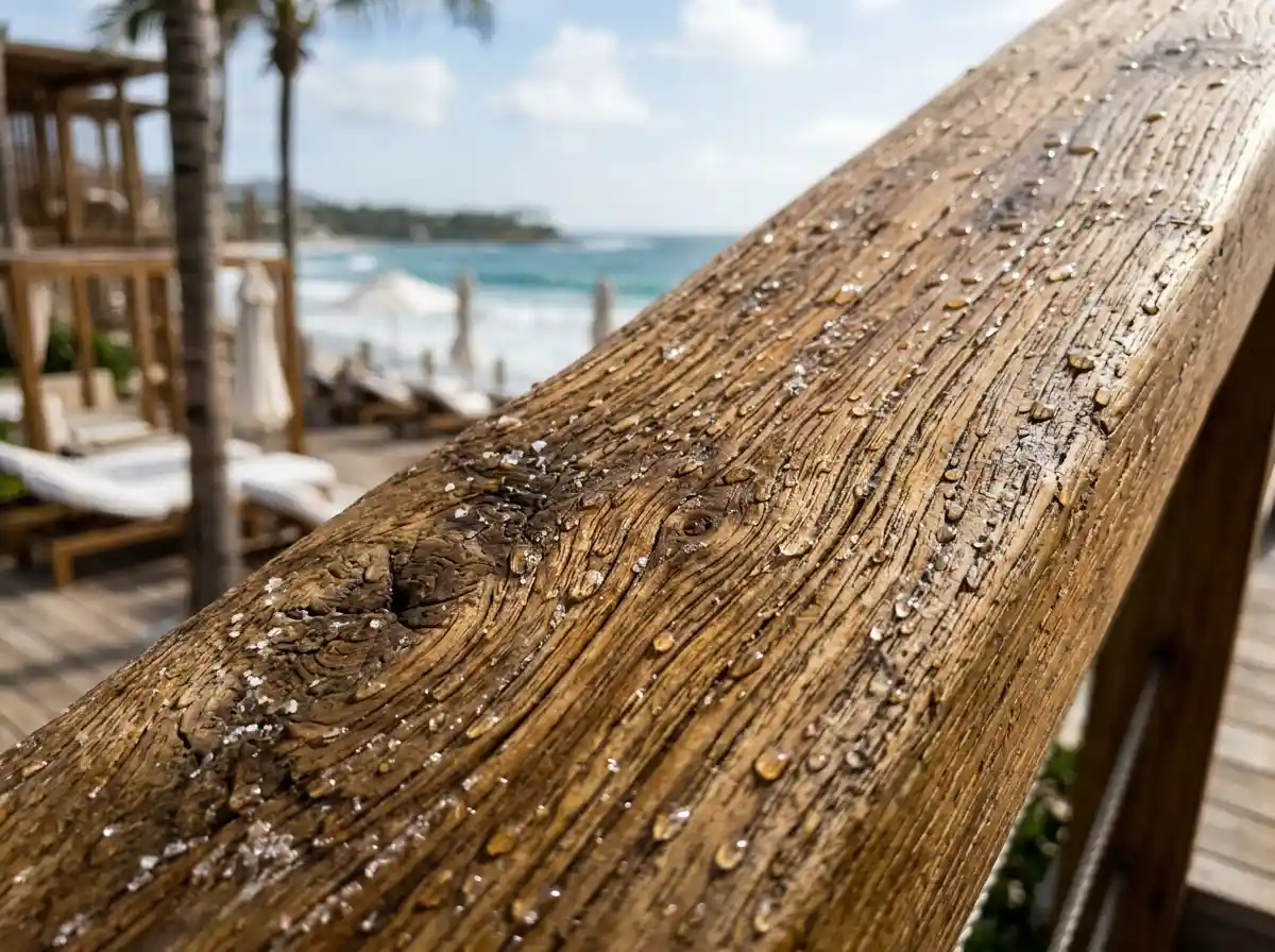 Furniture jati outdoor tahan cuaca dengan finishing khusus untuk lingkungan tepi laut.