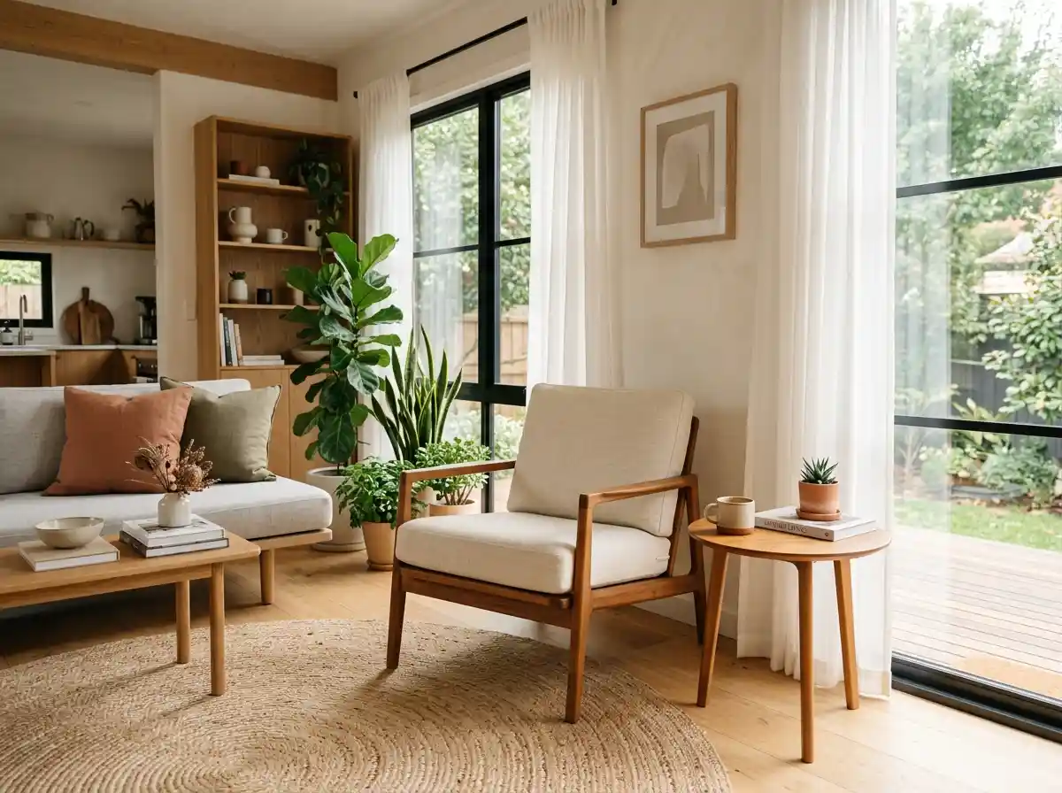 Kursi ruang tamu minimalis modern kayu jati dengan desain Japandi untuk rumah mungil.