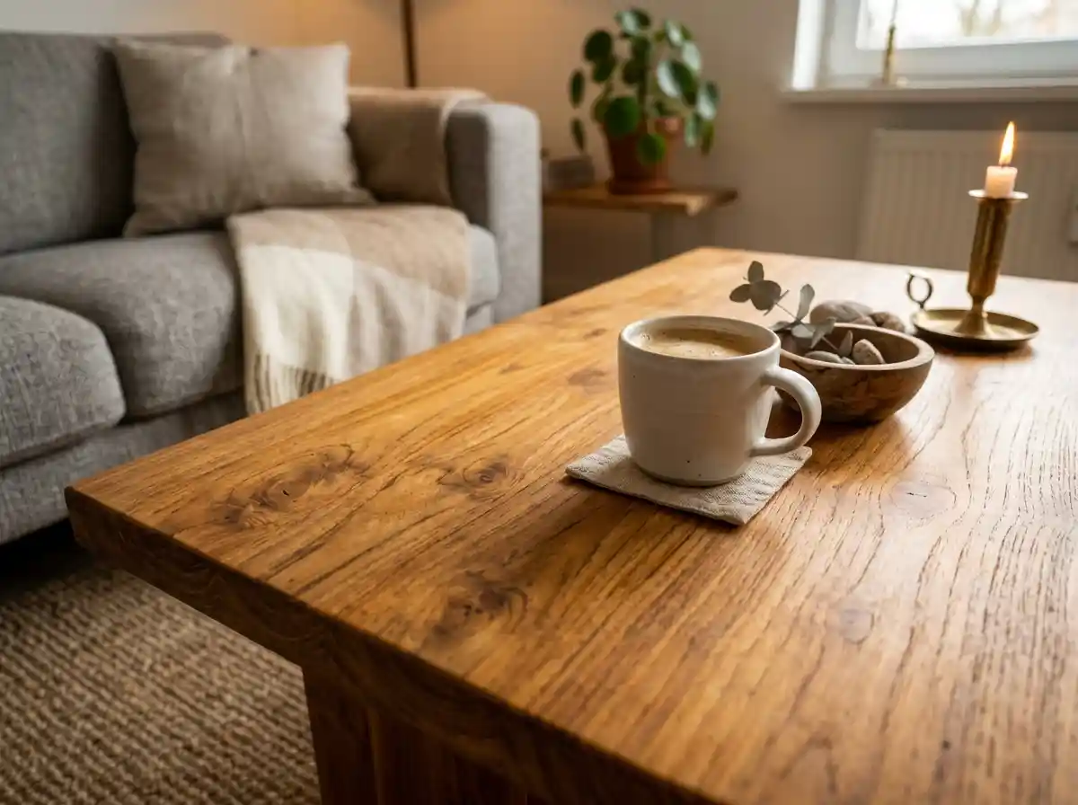 Detail tekstur natural pada meja kopi kayu jati estetik di ruang tamu bergaya scandinavian.