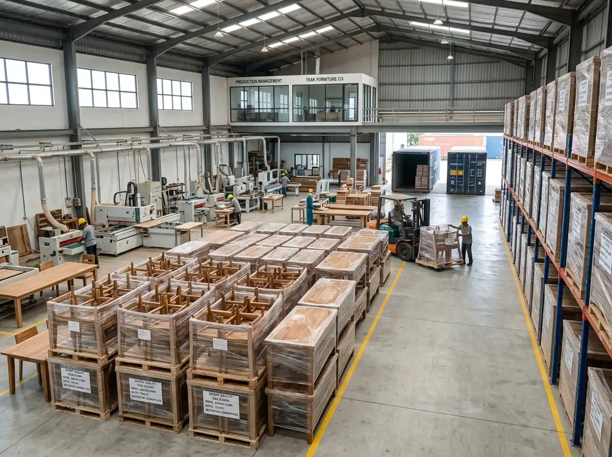 Suasana produksi di pabrik supplier furniture tangan pertama yang sedang merakit grosir furniture jati pesanan internasional