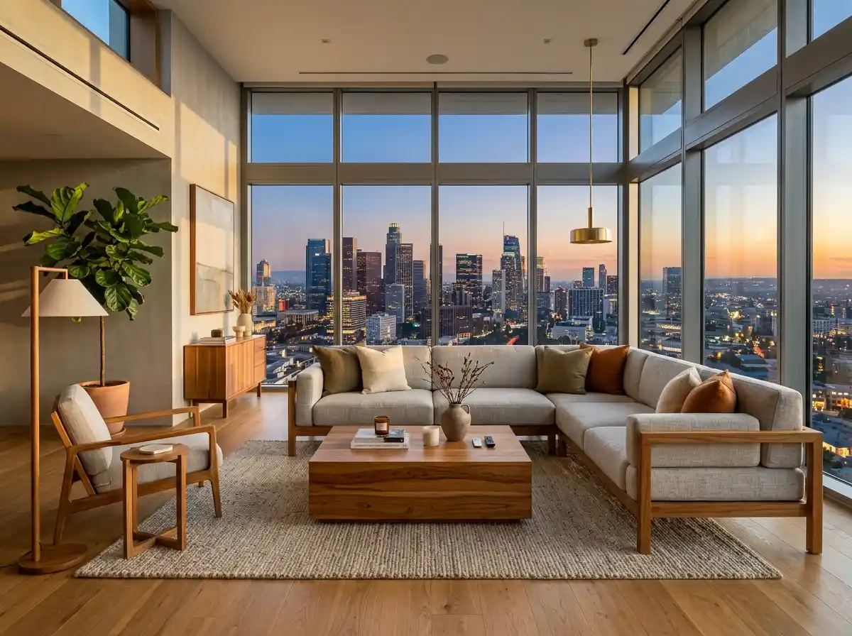 Set furniture apartemen mewah dari kayu jati modern dengan desain minimalis di ruang tamu.