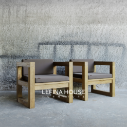 Kursi sofa teras kayu jati model minimalis dengan bantalan duduk warna abu-abu elegan