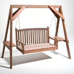Ayunan minimalis dua dudukan dari jati finishing natural brown, untuk taman atau teras