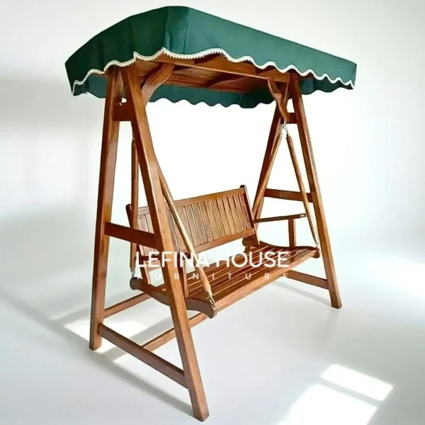 Ayunan taman jati dengan atap kain dan dudukan ergonomis, finishing natural melamine