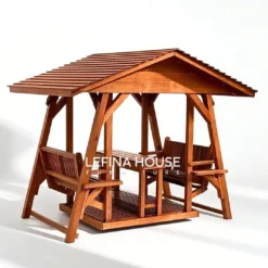 Ayunan jati 4 dudukan dengan meja tengah, gaya taman klasik dan finishing glossy