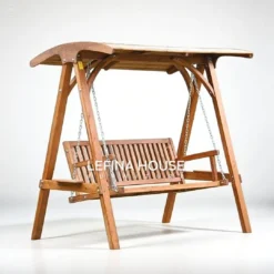 Ayunan gantung jati solid dengan atap kayu lengkung, gaya taman minimalis alami