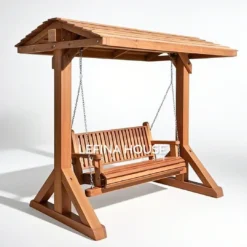Ayunan jati klasik dengan atap kayu dan rantai besi, finishing melamine glossy