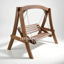 Ayunan gantung jati custom Jepara, rangka melengkung dan rantai besi finishing natural