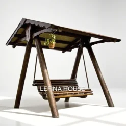 Ayunan jati gaya rustic modern dengan desain lengkung natural dan atap melengkung
