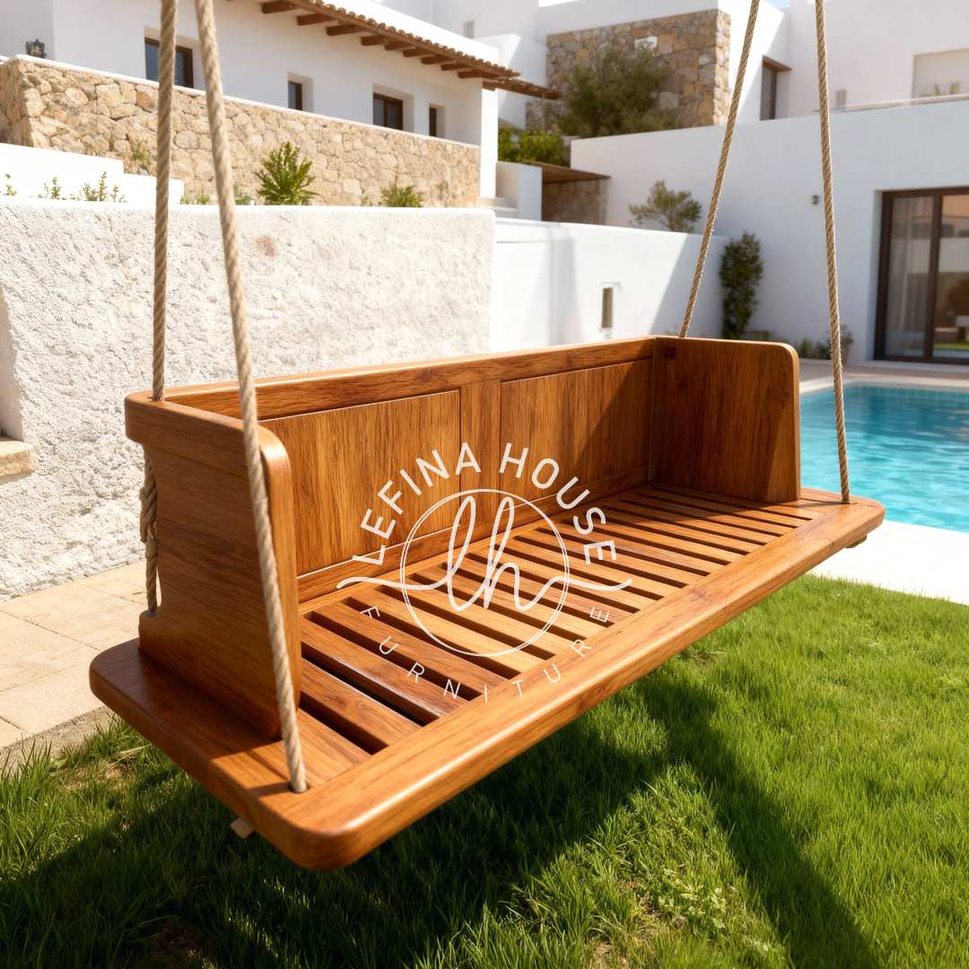 Ayunan gantung kayu jati minimalis di taman belakang rumah