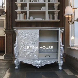 Bufet klasik mewah dengan warna putih ivory dan ukiran