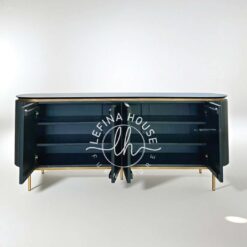 Desain Credenza Kayu Gelap Garis Vertikal Elegan