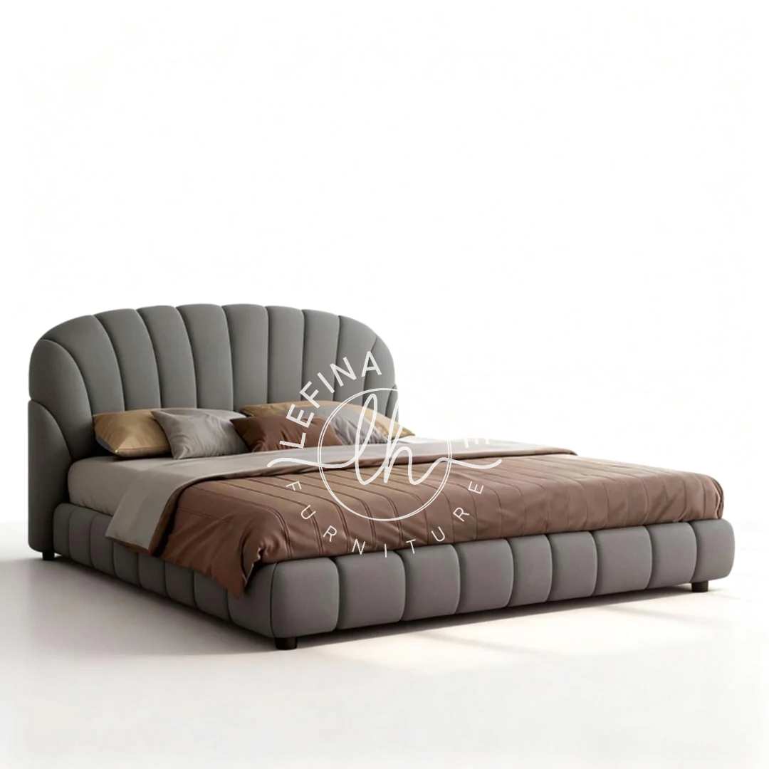 tempat tidur upholstery abu elegan bentuk melengkung