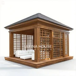 Gazebo taman jati minimalis modern dengan rangka kisi dan sofa built-in finishing natural brown