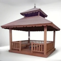 Gazebo kayu jati solid dengan dinding setengah dan kisi atas, gaya rustic minimalis