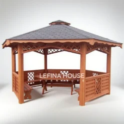 Gazebo kayu jati untuk teras belakang rumah dengan tangga 3 tingkat dan kisi keliling