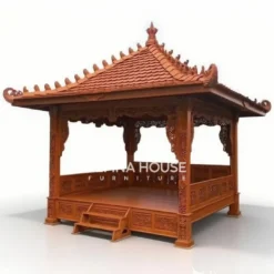 Gazebo jati Jepara dengan ukiran penuh pada atap, pilar, dan dinding kayu klasik