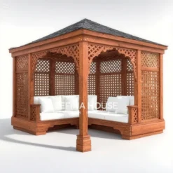 Gazebo model terbuka dengan dudukan sofa putih dan desain klasik elegan