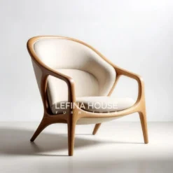 Kursi jati sandaran melingkar bentuk organik dengan jok menyatu, model Scandinavian natural