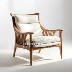 Kursi santai jati model Japandi dengan lengan panjang dan sandaran tinggi, finishing natural