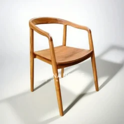 Kursi makan jati model Japandi dengan desain lengkung minimalis tanpa jok, warna natural