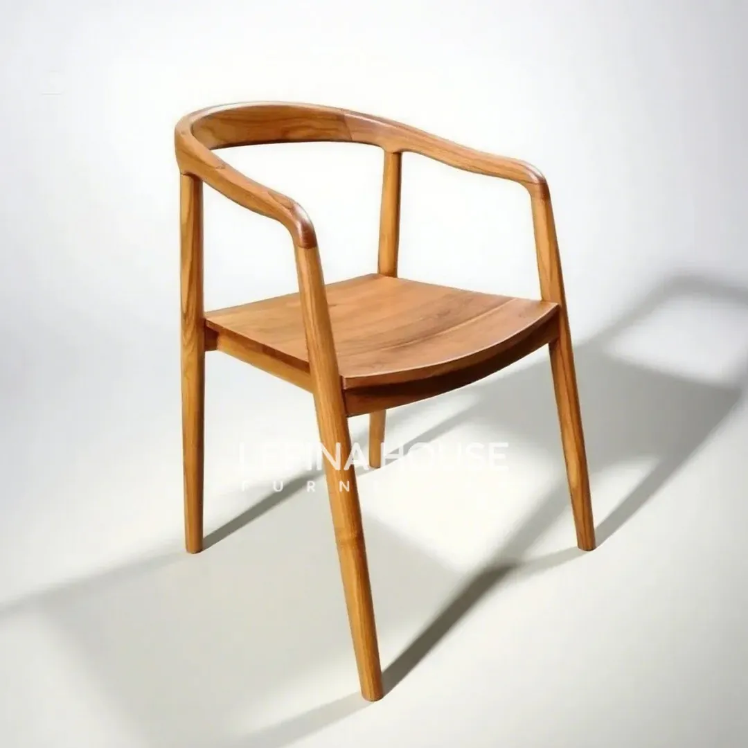 Kursi makan jati model Japandi dengan desain lengkung minimalis tanpa jok, warna natural