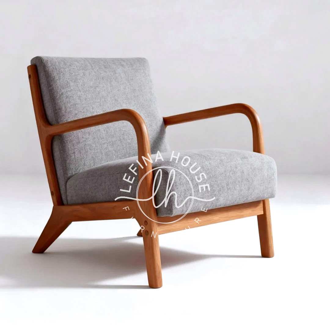 Kursi jati minimalis modern dengan kain abu elegan.