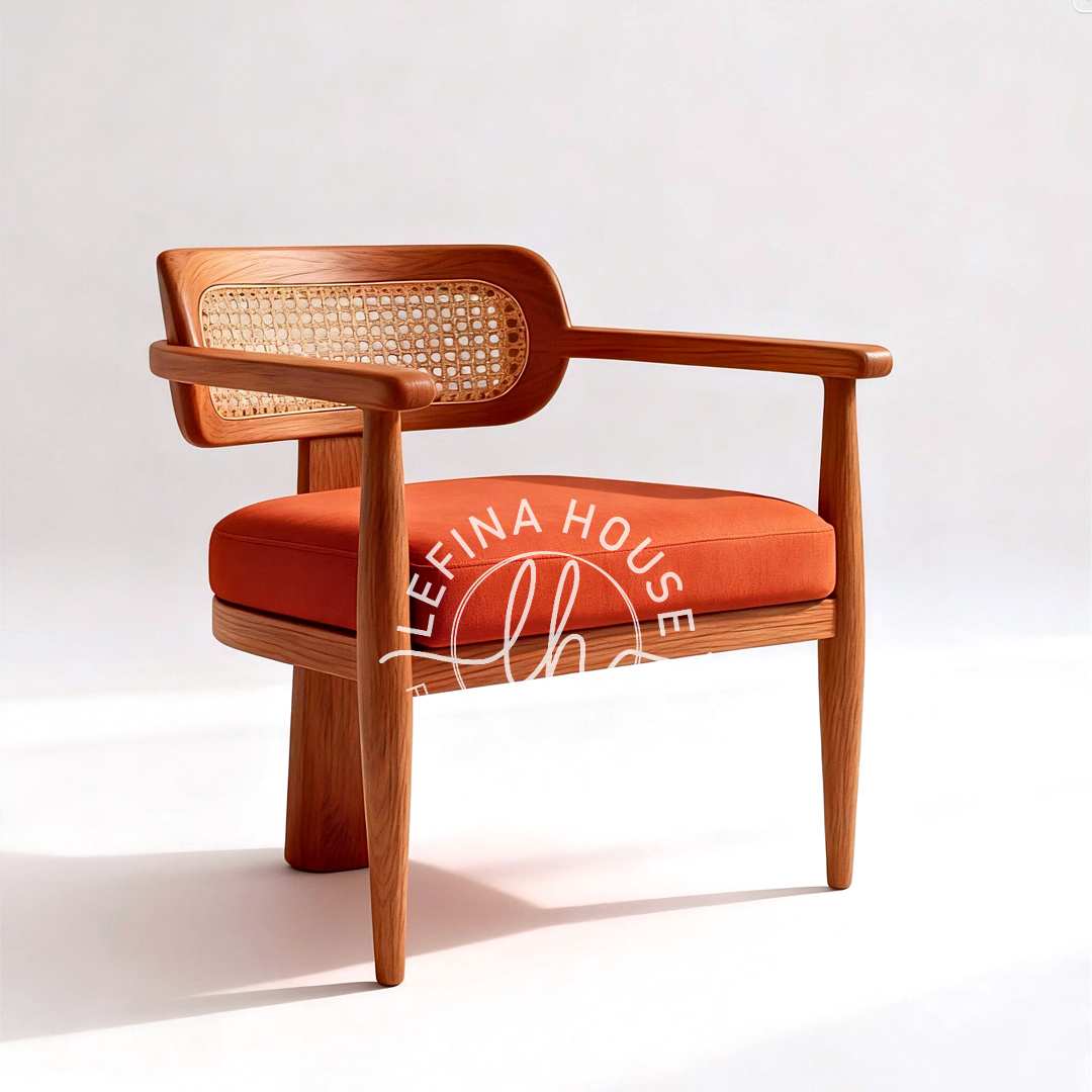 Kursi jati kombinasi rotan dan kain merah bata.