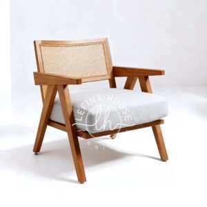 Kursi Rattan Putih Dudukan Abu Gaya Japandi - LKAA030 - furniture minimalis Kursi rattan putih dudukan abu gaya Japandi.