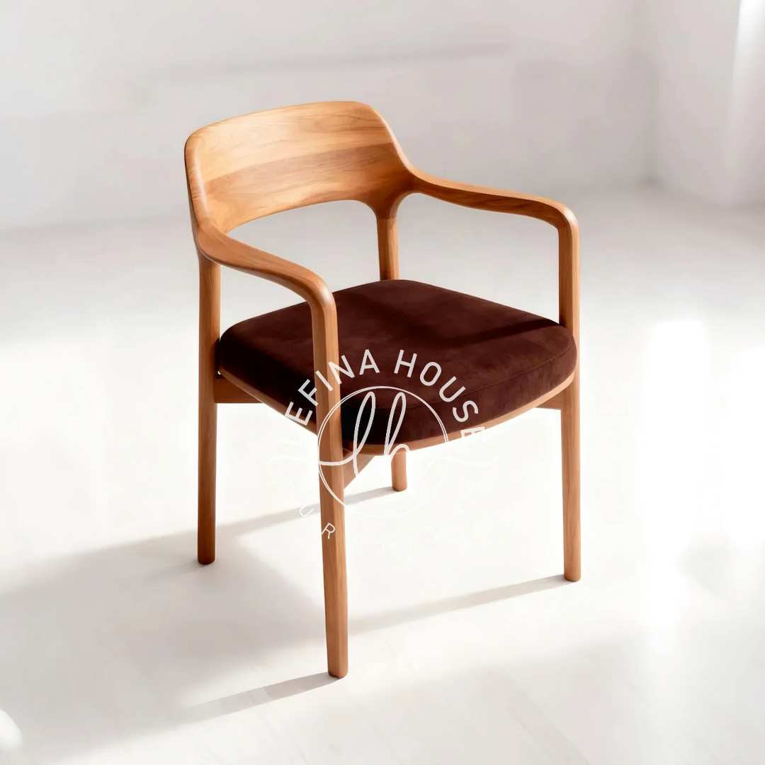 Kursi makan jati dudukan coklat gelap minimalis.