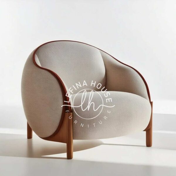Armchair jati modern lengkung kain cream