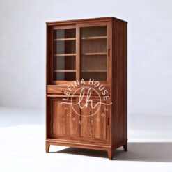 Lemari pajangan minimalis jati 2 pintu rak kaca