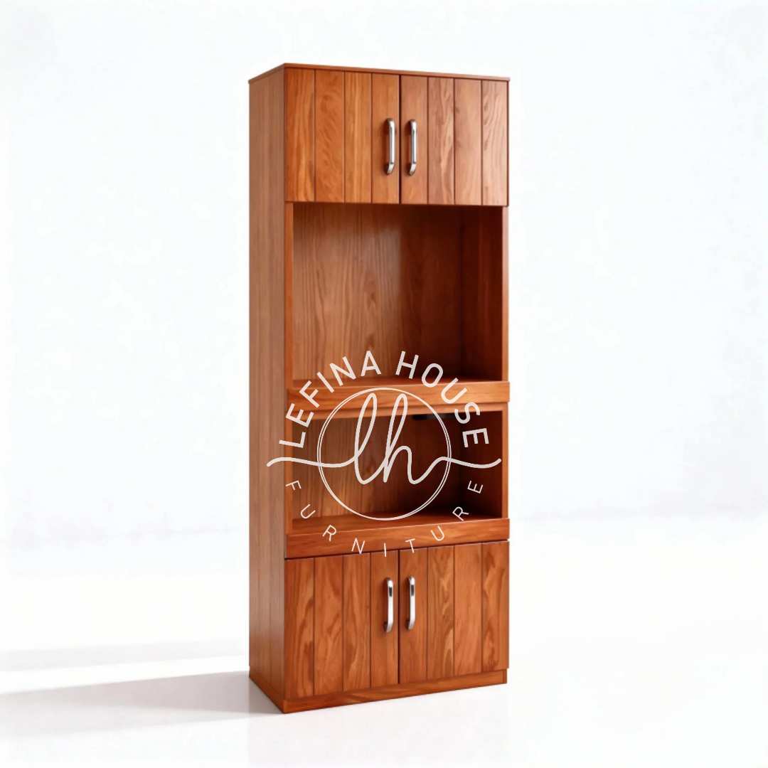 Lemari buku jati minimalis 2 pintu rak terbuka