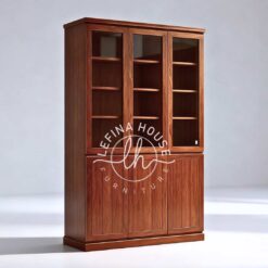 Lemari pajangan jati 3 pintu kaca minimalis