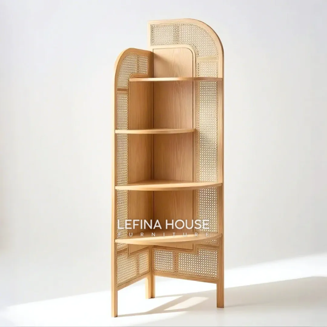 Lemari hias sudut rotan kayu jati minimalis Jepara