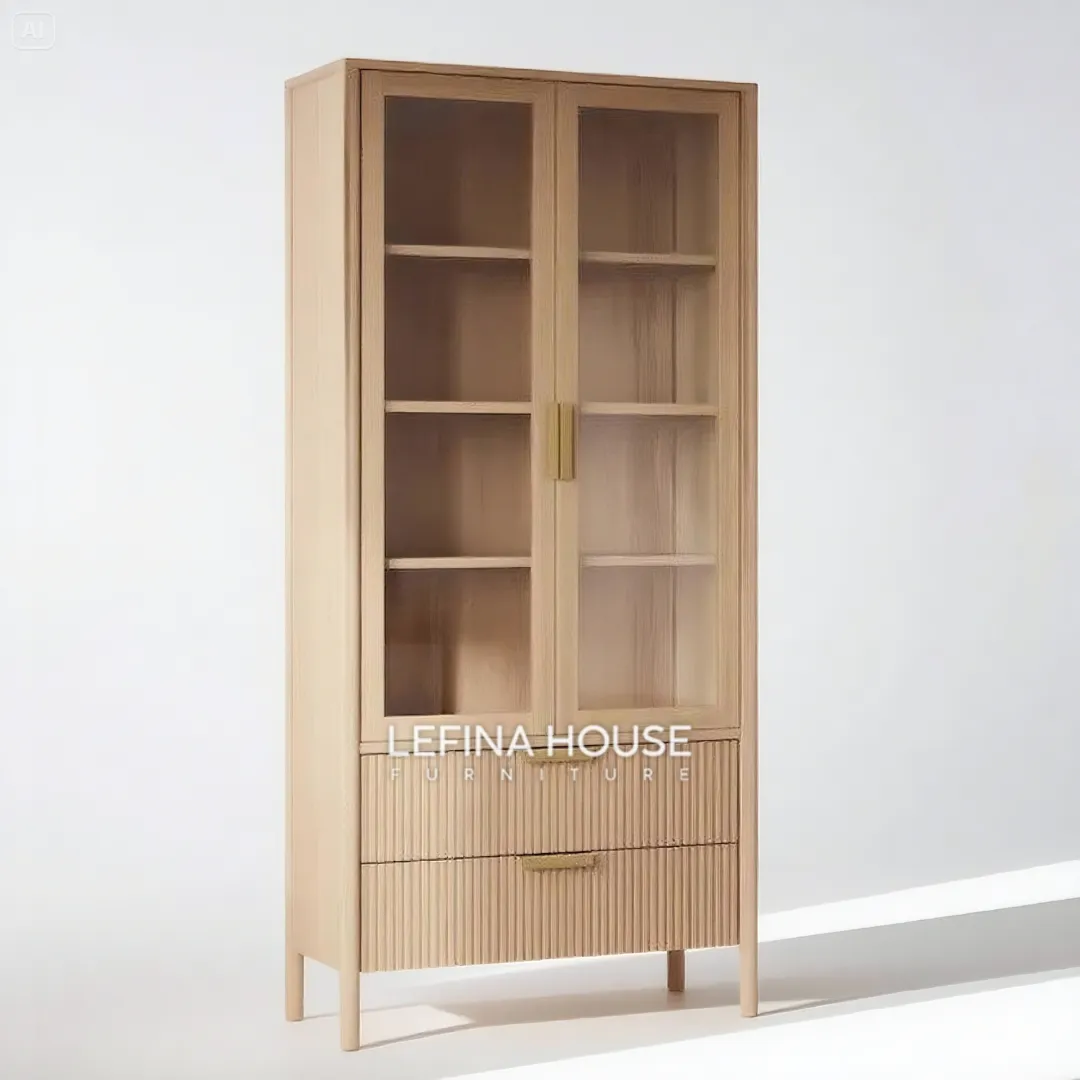 Lemari hias jati 2 pintu kaca minimalis modern
