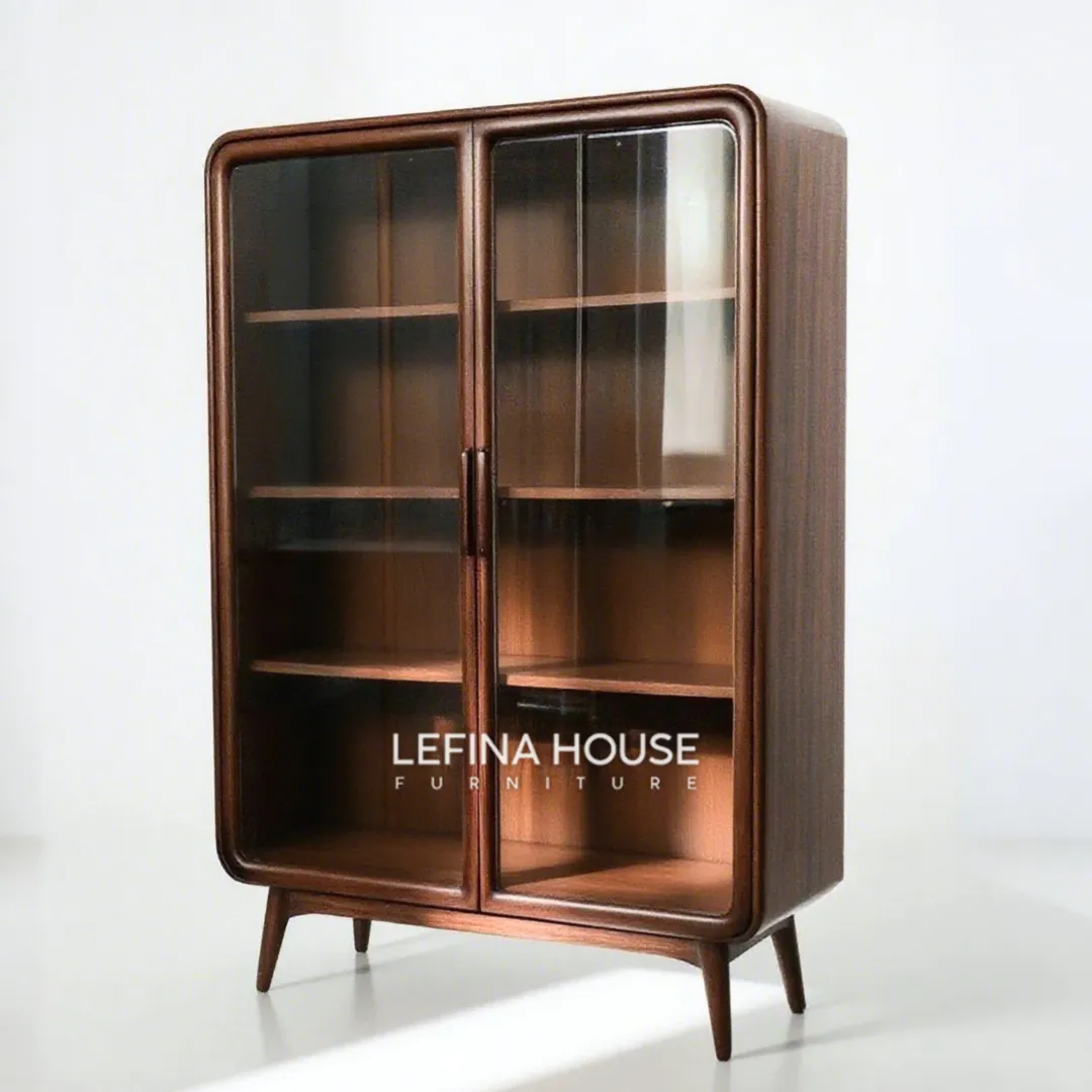 Lemari jati kaca dua pintu bergaya vintage Eropa