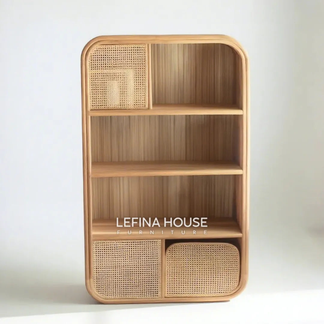 Lemari hias jati natural dengan pintu rotan dan sudut lengkung estetik