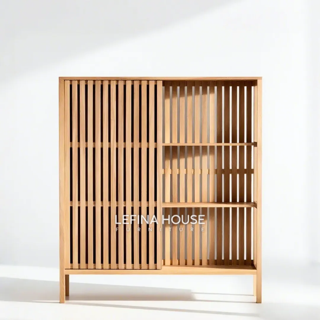 Lemari hias jati minimalis modern dengan sliding door kisi vertikal