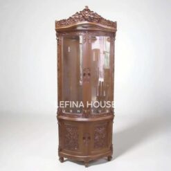 Lemari pajangan sudut kayu jati ukir bunga - Furniture Jepara Lefina House