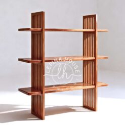 Rak buku jati minimalis bilah kayu