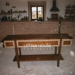 Meja konsul minimalis dari kayu jati solid dengan finishing warna coklat natural