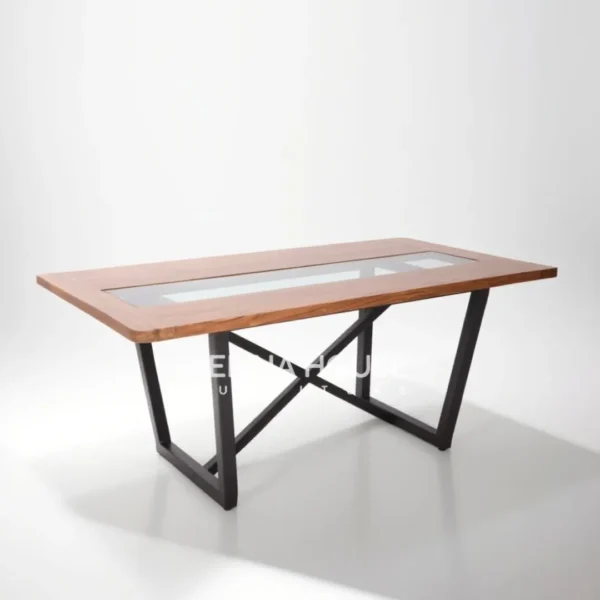 Meja makan industrial resin kaki silang dengan desain kokoh, modern, dan fungsional, cocok untuk berbagai gaya ruangan. - Furniture Surabaya Lefina House - LMMA039 Meja Makan Industrial Resin Kaki Silang