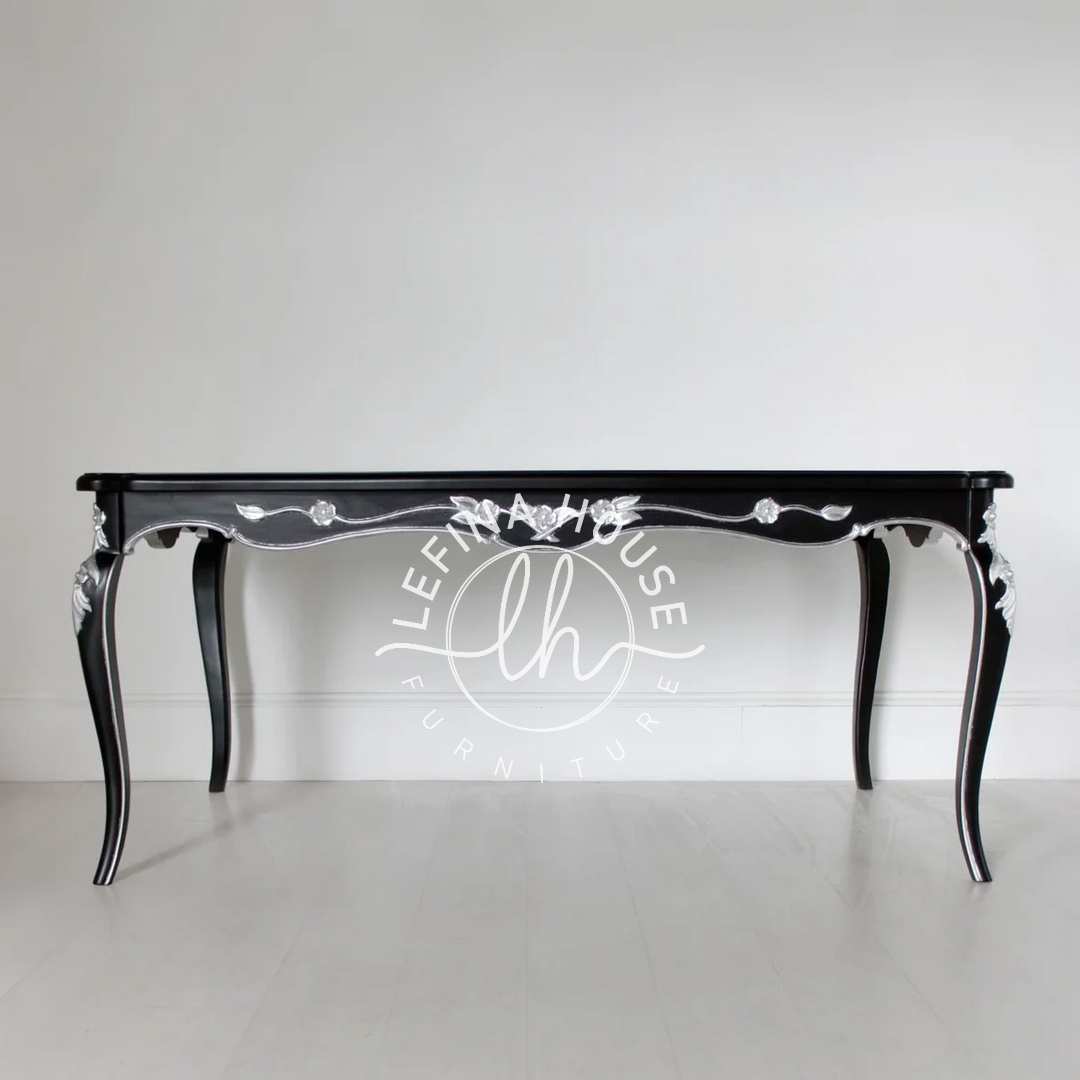 Meja Makan Klasik Hitam Silver Mewah Ukiran Jepara