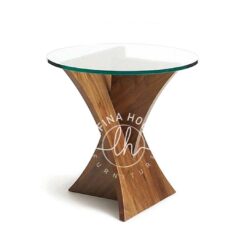 Meja samping kayu jati kaki silang dengan top kaca bundar modern
