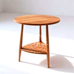 meja sudut jati minimalis dengan rak bawah