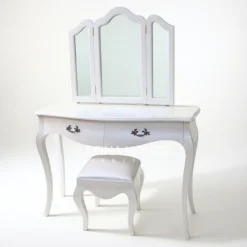 Meja rias putih model Scandinavian shabby chic dari kayu mahoni finishing duco elegan