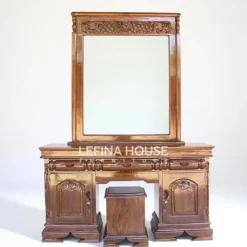 Meja rias jati model vintage klasik dengan ukiran Jepara dan finishing melamine warna salak