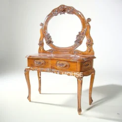 Meja rias jati klasik dengan laci dan cermin bundar, desain simpel dan feminin