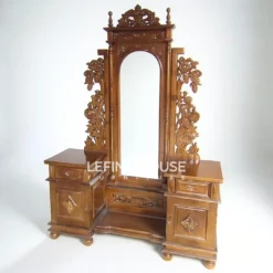 Meja rias jati minimalis klasik dengan rak terbuka dan laci tertutup, desain ringkas fungsional